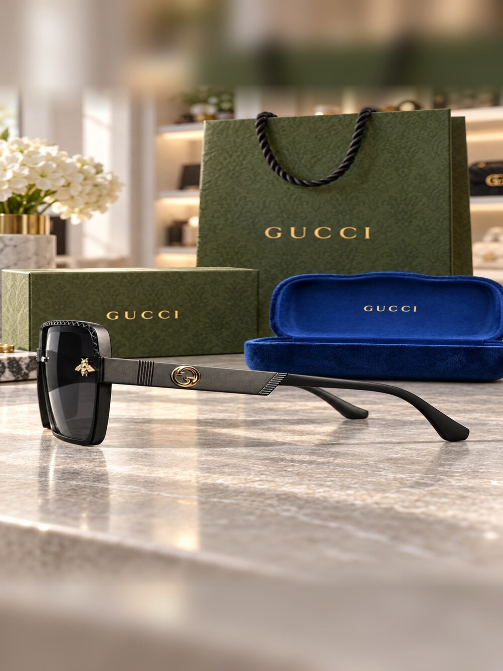 Gucci Black Square Bee Sunglasses - Picture 3 of 6